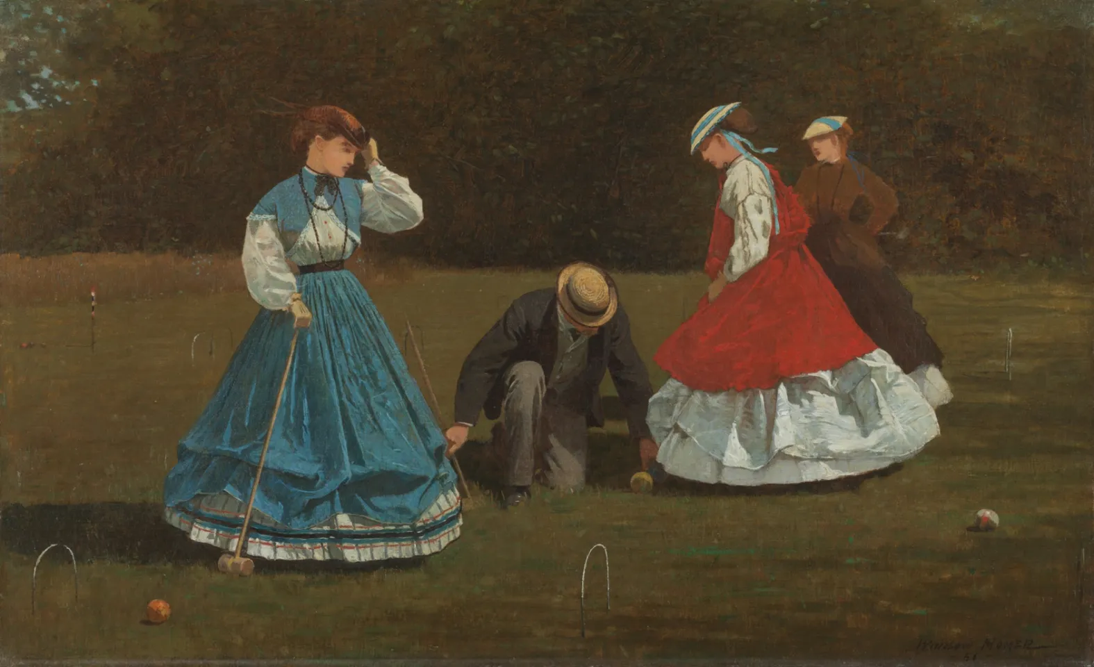 On a summer lawn, two women in wide blue and red dresses play croquet while a man bends to set a ball; another woman stands behind them.