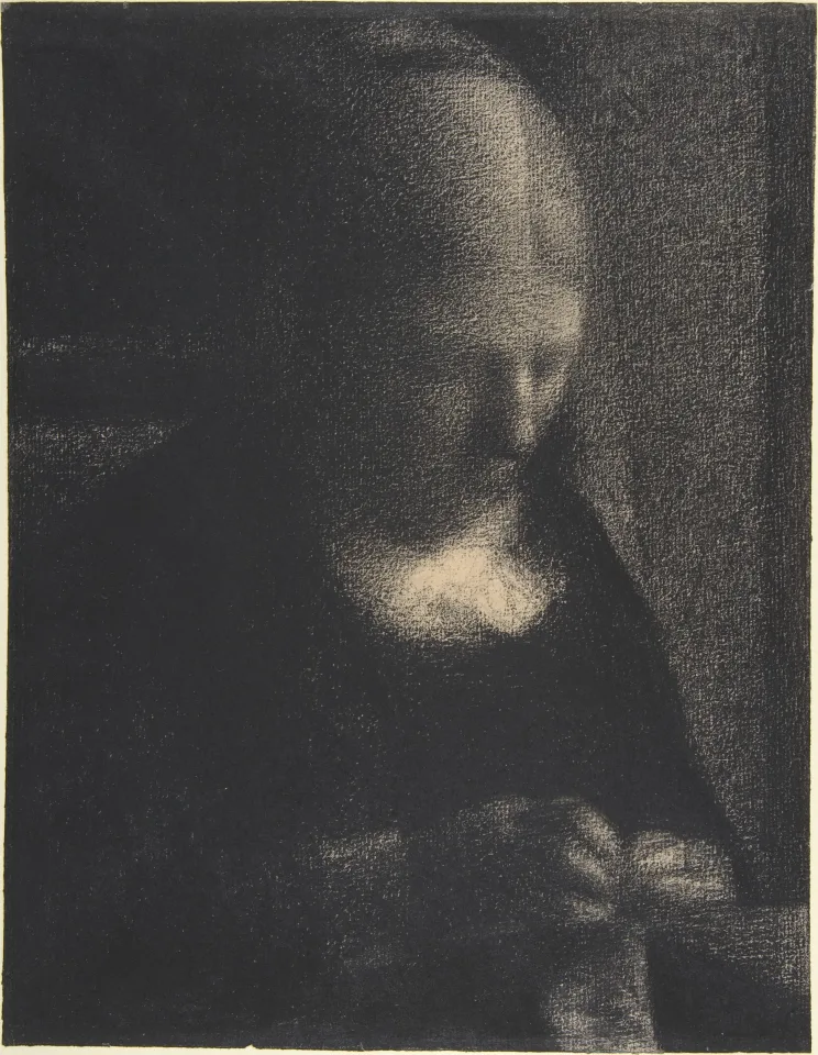 In soft black crayon, an older woman bends her head over her needlework, light falling on her face and hands.
