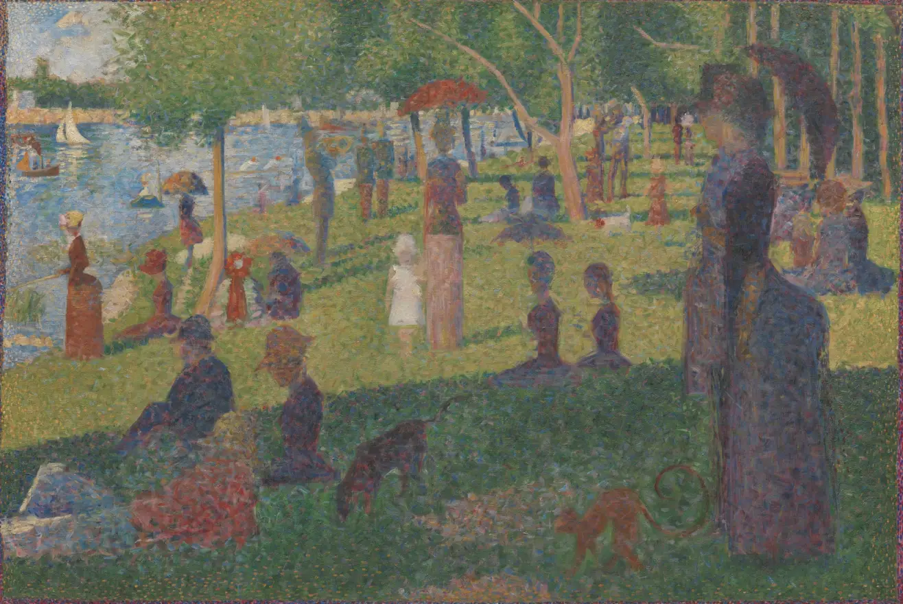 A study in small dabs of color: people sit and stroll on a sunny riverbank under trees, with sailboats on the water.