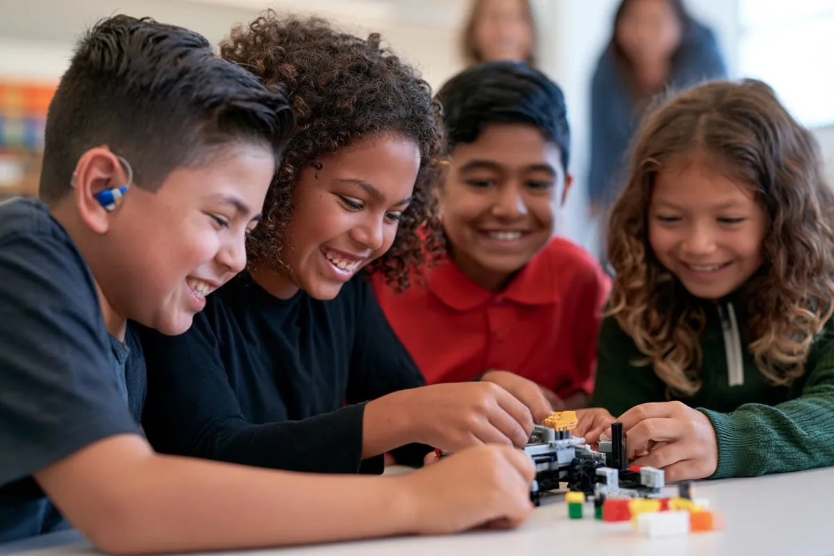 Four children lean over a table building a small robot from blocks; one boy wears a hearing aid.