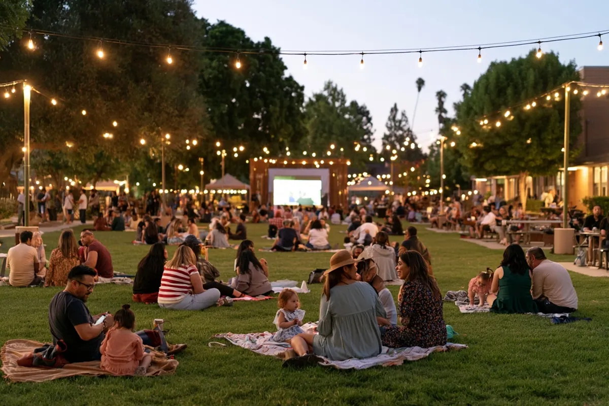 Families and neighbors sit on blankets across a school lawn at dusk under strings of lights.