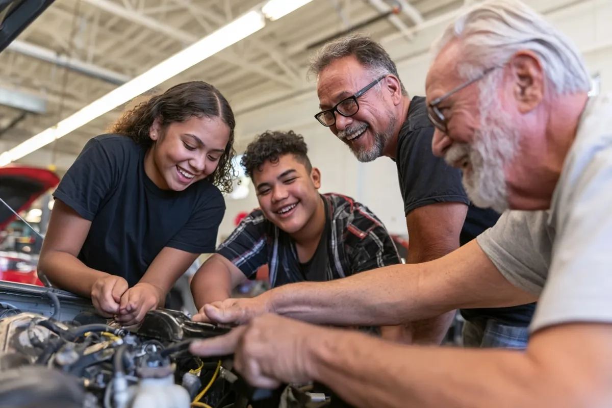 In a school auto shop, two older men with glasses and two teenage students lean over an open engine, smiling as one mentor points.