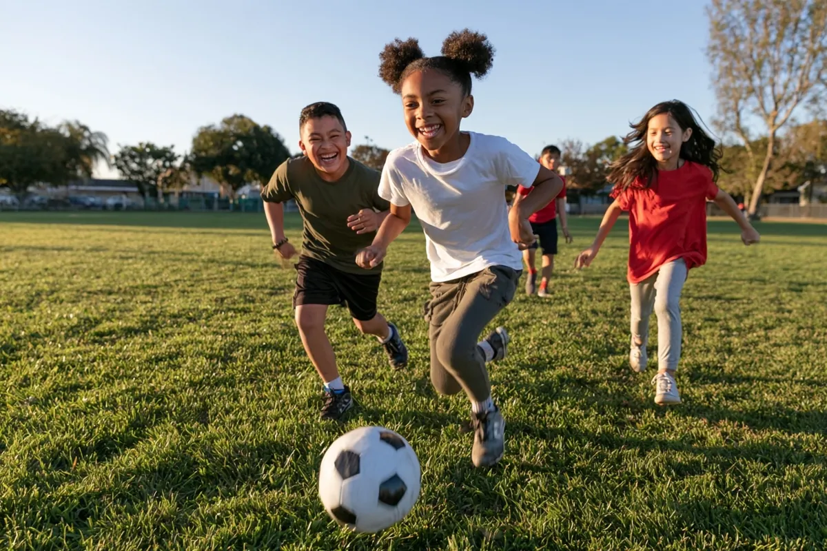 Children run laughing after a soccer ball across a wide green field in late afternoon light.