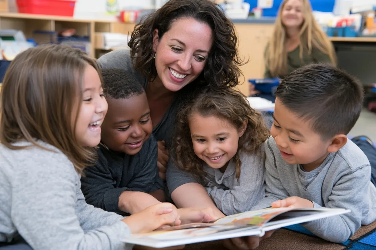 A smiling teacher sits on a classroom rug with four young children, all leaning in over an open picture book.