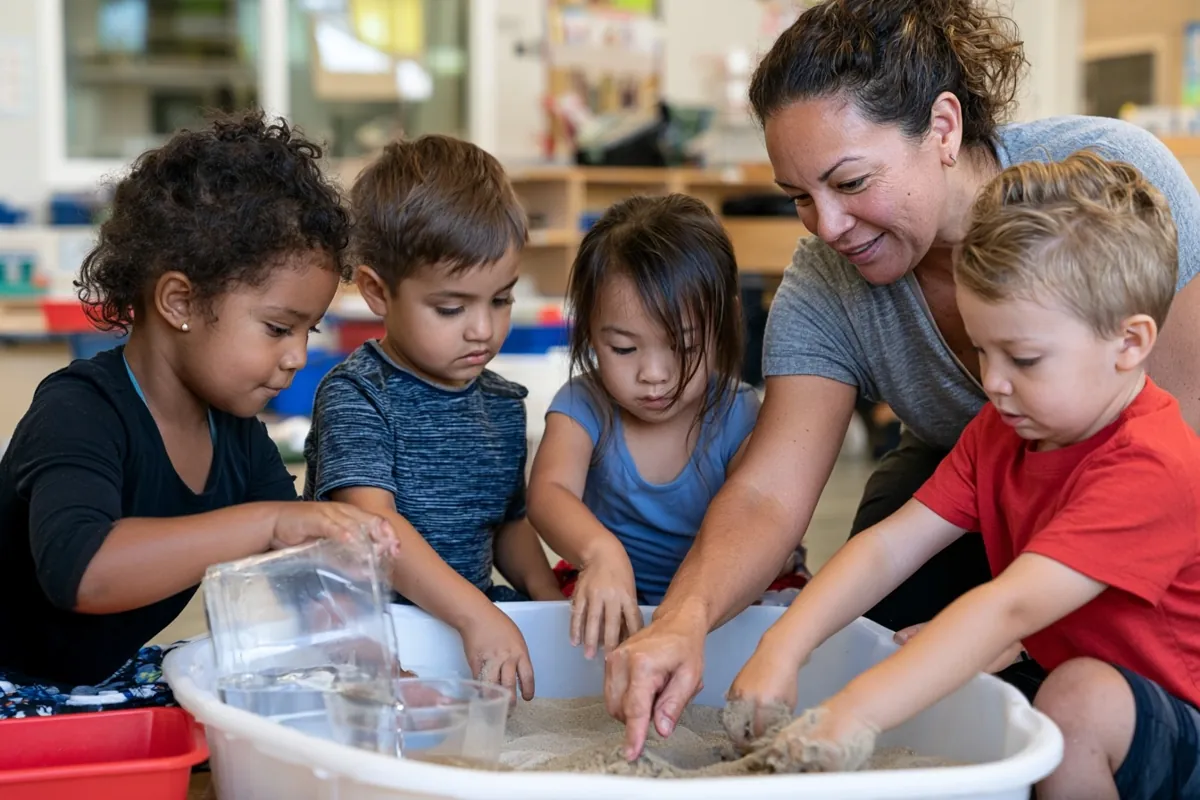 A teacher and four young children reach into a tub of sand together in a bright classroom.