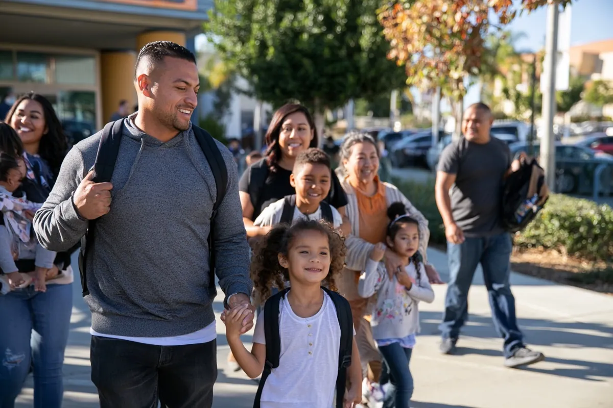Parents, a grandmother and children with backpacks walk along a sunny sidewalk toward school, a father holding his daughter's hand.