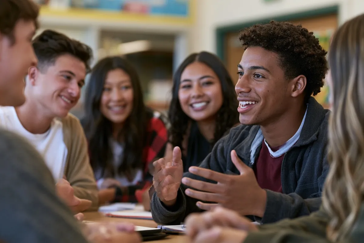 Teenage students sit around a classroom table, one speaking with open hands as the others smile and listen.