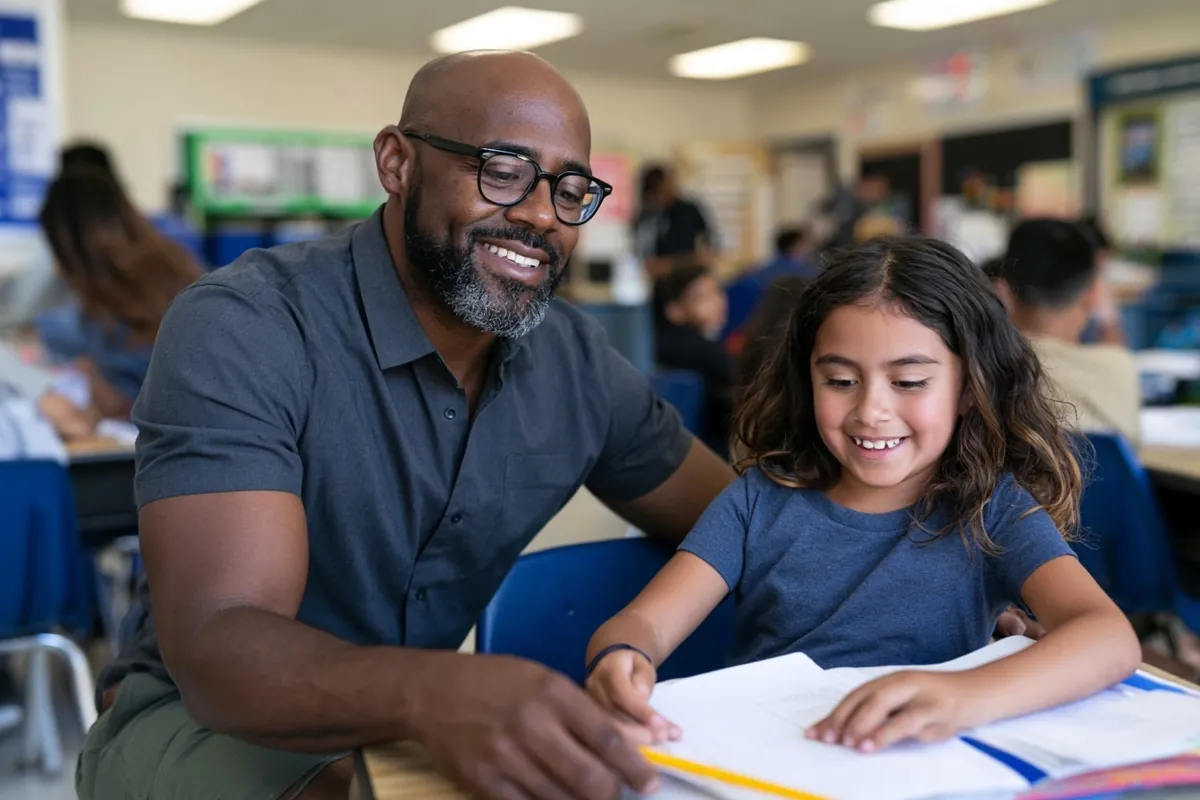 A bearded teacher in glasses sits beside a young girl at her desk, both smiling at the worksheet in front of her.