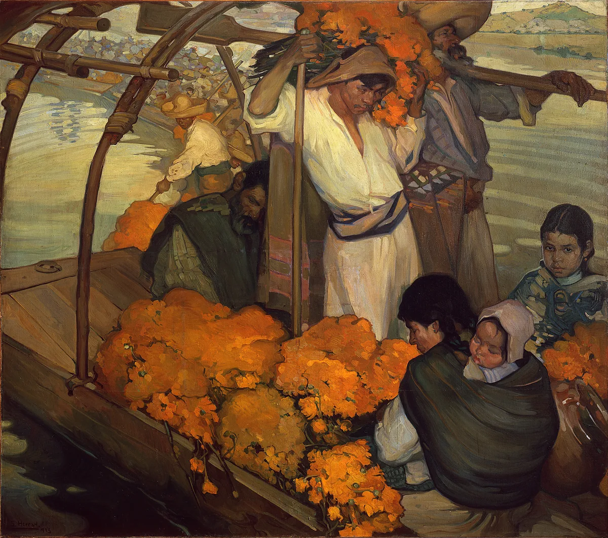 A family of several generations rides in a boat filled with orange marigolds, with a baby carried on one woman's back.