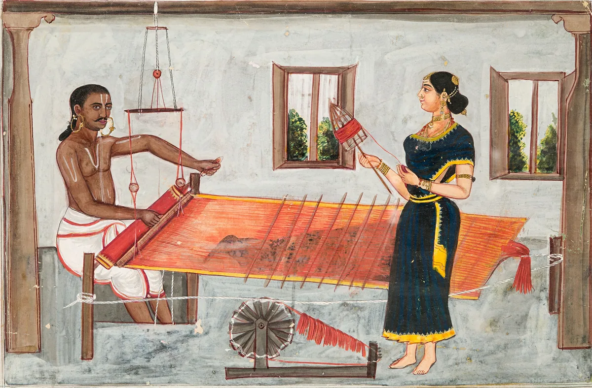 A weaver works at his loom while a woman beside him holds a reel of thread.