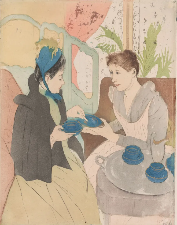 Two women share tea at a small table, one in a dark coat and blue bonnet holding out her cup, the other leaning toward her.