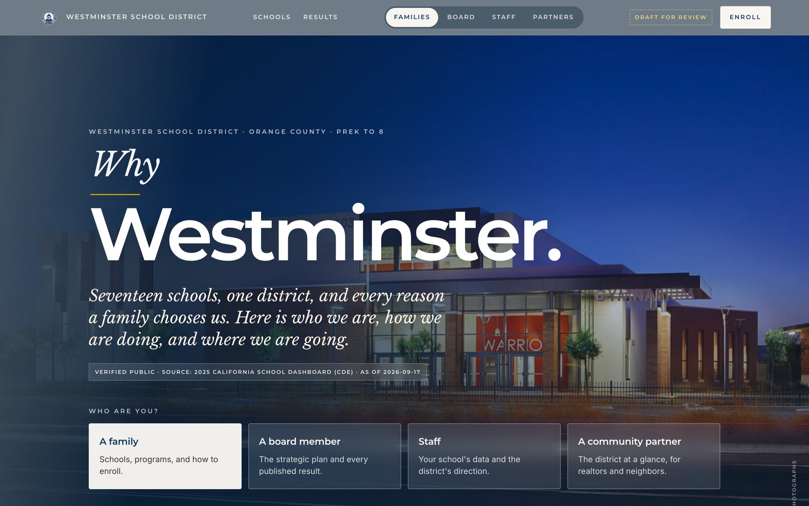 The Why Westminster page: seventeen schools, one district, and every reason a family chooses us